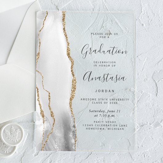 Gray White Gold Agate Gray Text Graduation Acryl Uitnodigingen