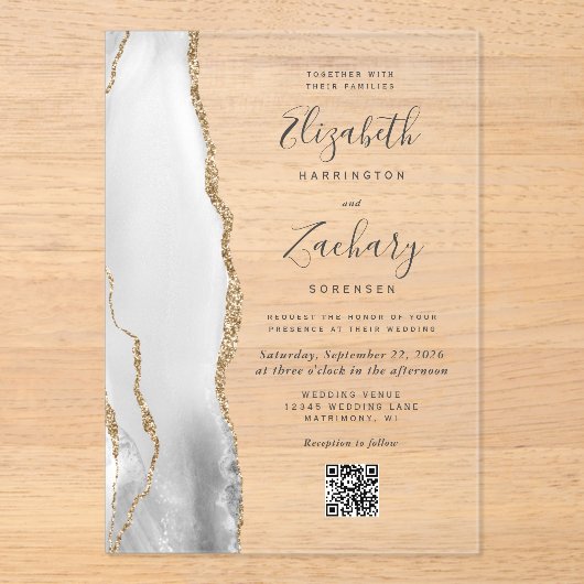 Gray White Gold Agate QR Code Wedding Acryl Uitnodigingen (Voorkant)