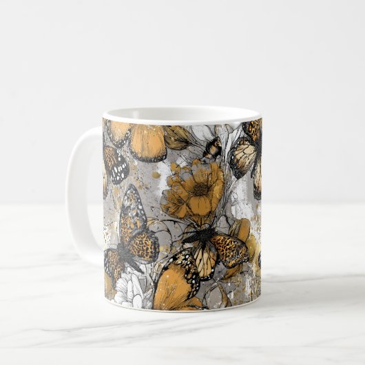 Gray White Gold Floral Butterflies Elegant Koffiemok (Voorkant links)