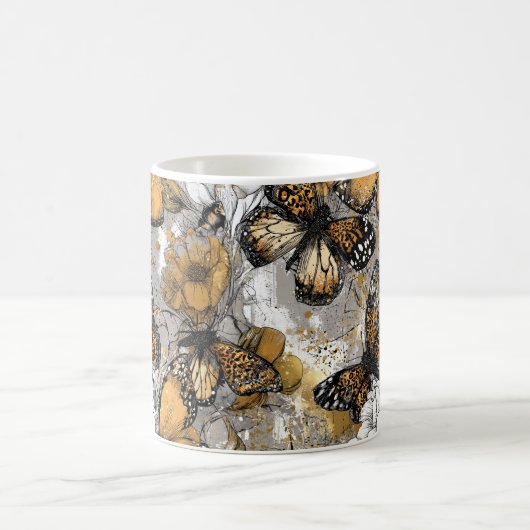 Gray White Gold Floral Butterflies Elegant Koffiemok (Center)