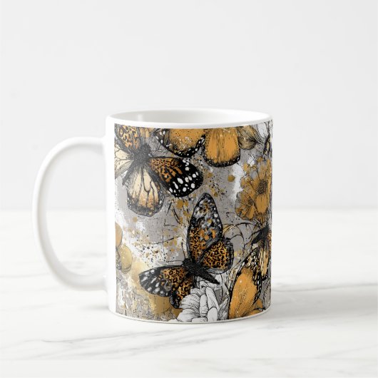 Gray White Gold Floral Butterflies Elegant Koffiemok (Links)