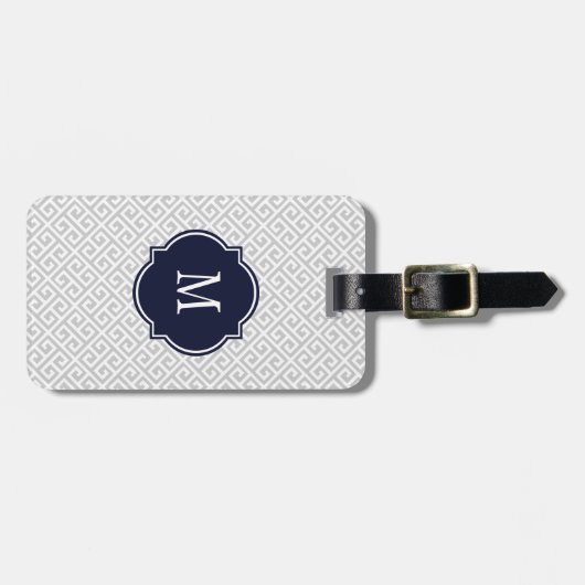 Gray & White Greek Key Monogram Bagagelabel (Voorkant horizontaal)