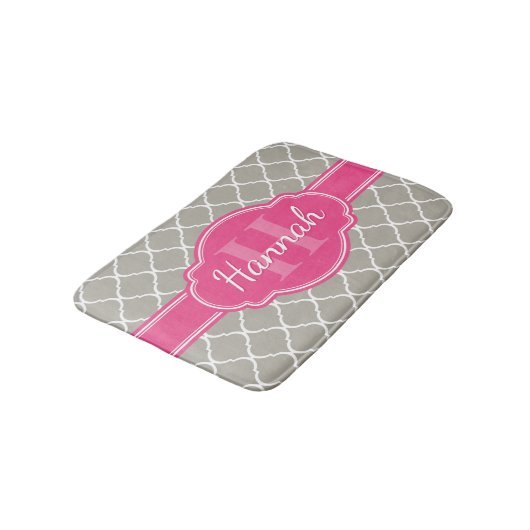 Gray White Lattice Pattern Roze Monogram Badmat (Gekanteld)