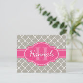 Gray White Lattice Pattern Roze Monogram Briefkaart (Staand voorkant)