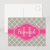 Gray White Lattice Pattern Roze Monogram Briefkaart (Voorkant / Achterkant)