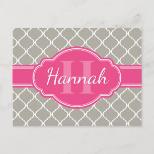 Gray White Lattice Pattern Roze Monogram Briefkaart