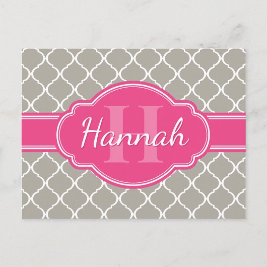 Gray White Lattice Pattern Roze Monogram Briefkaart (Voorkant)