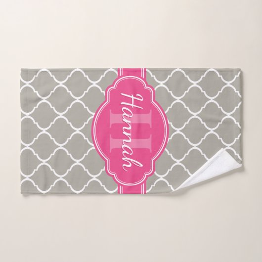 Gray White Lattice Pattern Roze Monogram Handdoek (Handdoek)