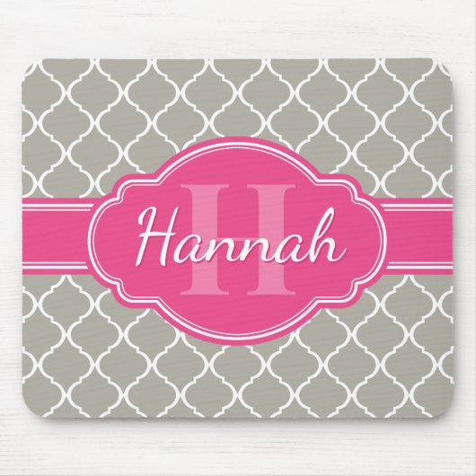 Gray White Lattice Pattern Roze Monogram Muismat (Voorkant)