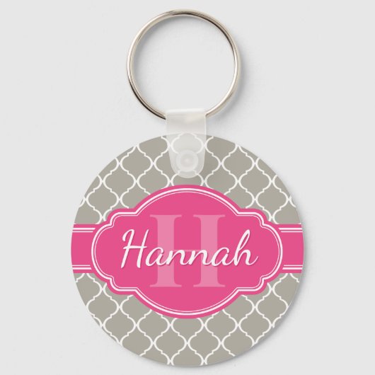 Gray White Lattice Pattern Roze Monogram Sleutelhanger (Voorkant)