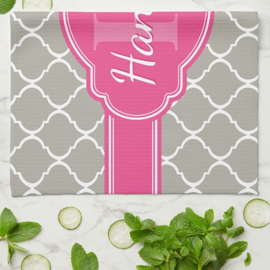 Gray White Lattice Pattern Roze Monogram Theedoek (Gevouwen)