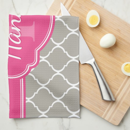Gray White Lattice Pattern Roze Monogram Theedoek (Quarter Fold)