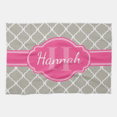 Gray White Lattice Pattern Roze Monogram Theedoek (Horizontaal)