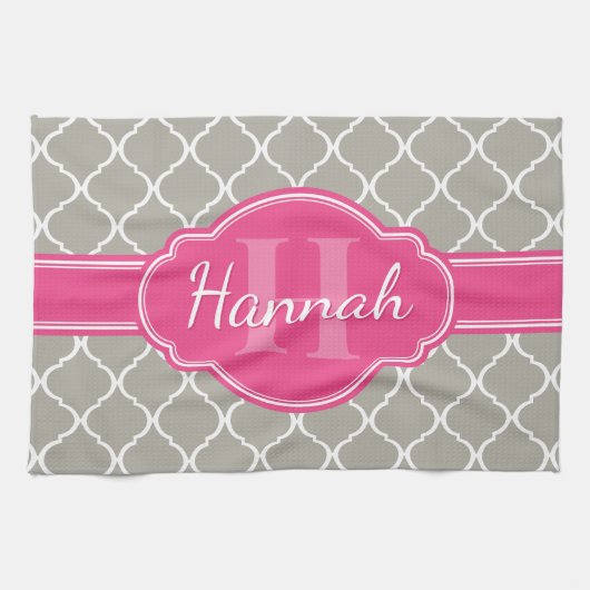 Gray White Lattice Pattern Roze Monogram Theedoek (Horizontaal)