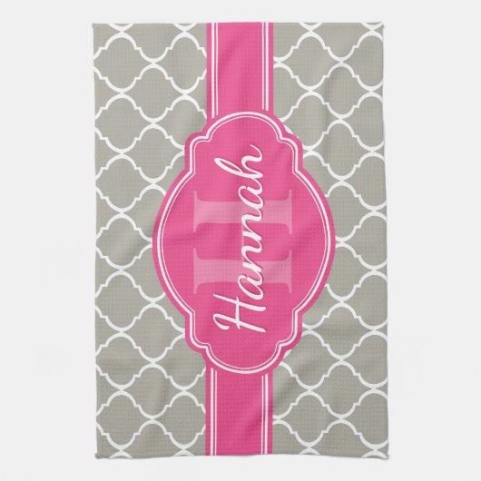 Gray White Lattice Pattern Roze Monogram Theedoek (Verticaal)