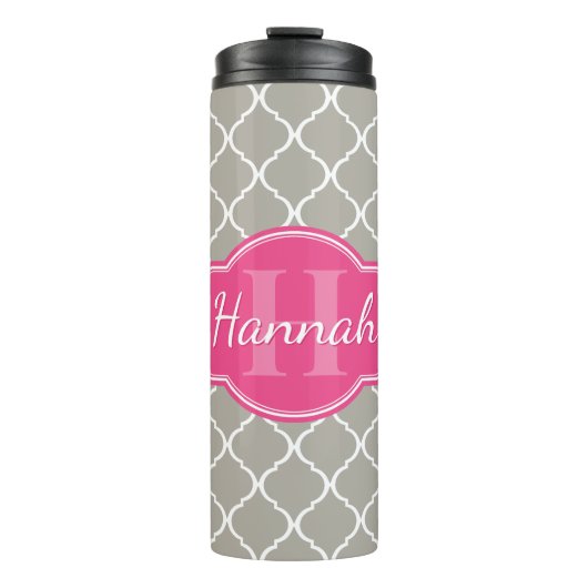 Gray White Lattice Pattern Roze Monogram Thermosbeker (Voorkant)