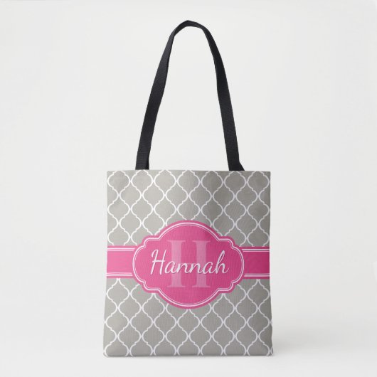 Gray White Lattice Pattern Roze Monogram Tote Bag (Voorkant)