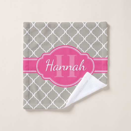 Gray White Lattice Pattern Roze Monogram Washandje (Wasdoekje)