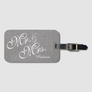 Gray White Linen Custom Mr en Mrs Wedding Bagagelabel