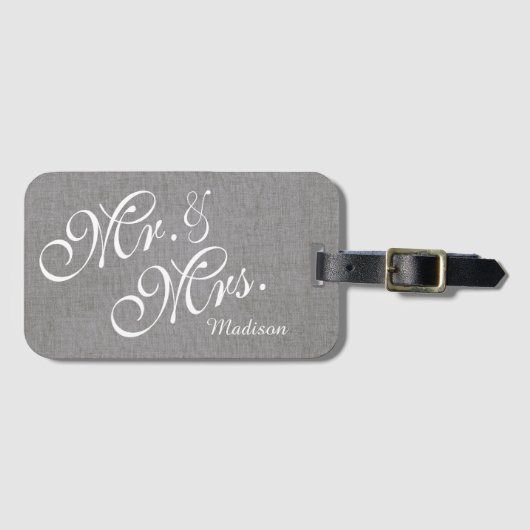 Gray White Linen Custom Mr en Mrs Wedding Bagagelabel (Voorkant (horizontaal))