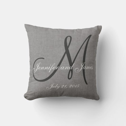 Gray White Linen Monogram Wedding Keepomwille Kussen (Voorkant)