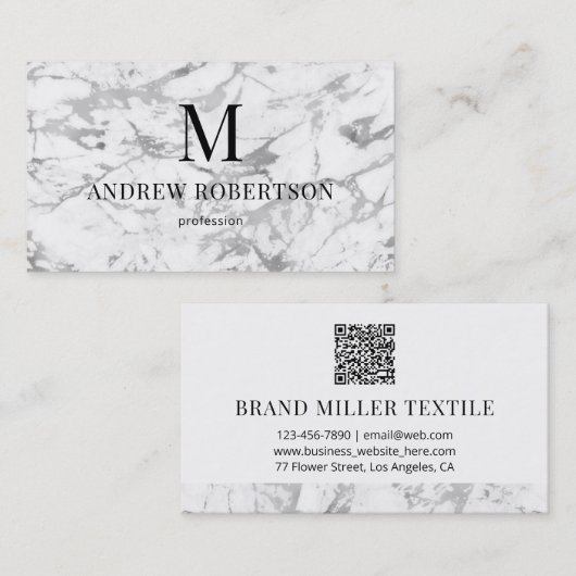 Gray White Marble QR Code Monogram Visitekaartje (Voorkant / Achterkant)