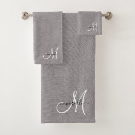 Gray White Monogram Faux Linen Gray Bad Handdoek