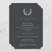 Gray + White Monogram Laurel Wreated Afstuderen Kaart (Voorkant / Achterkant)
