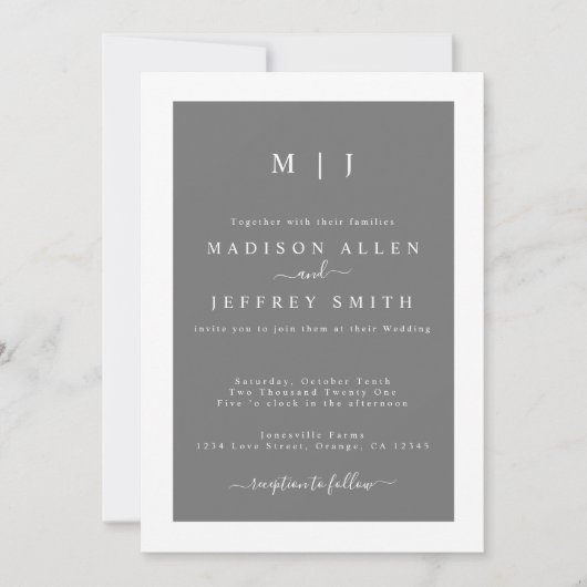 Gray White Monogram Minimalist Weddenschap Aankondiging (Voorkant)