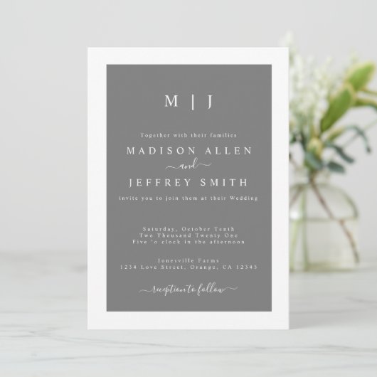 Gray White Monogram Minimalist Weddenschap Aankondiging (Staand voorkant)