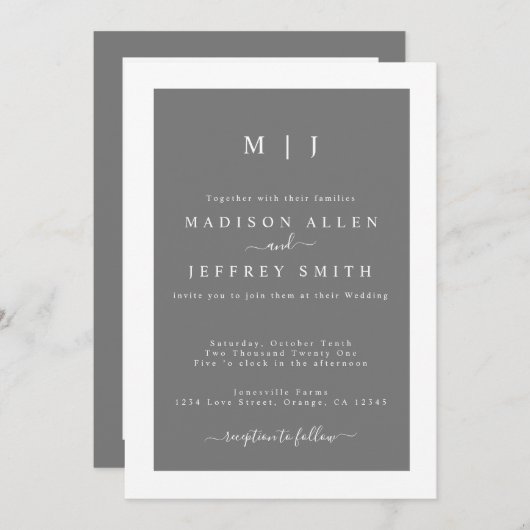 Gray White Monogram Minimalist Weddenschap Aankondiging (Voorkant / Achterkant)