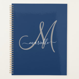 Gray White Monogram Navy Blue Planner