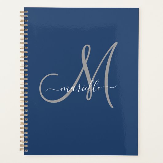 Gray White Monogram Navy Blue Planner (Voorkant)