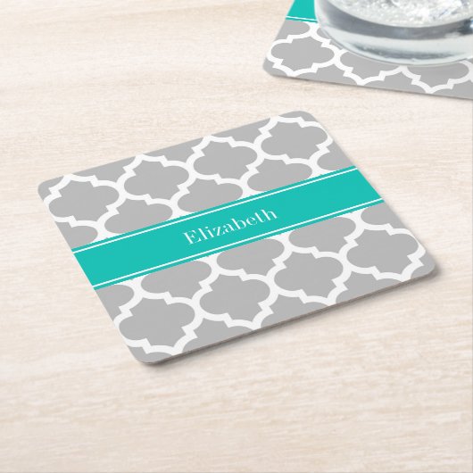 Gray White Moroccan #5 Blauwgroen Name Monogram Kartonnen Onderzetters (Schuin)