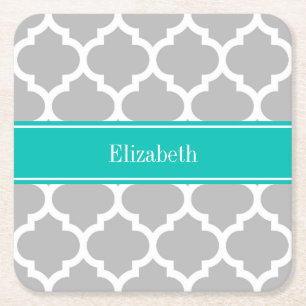 Gray White Moroccan #5 Blauwgroen Name Monogram Kartonnen Onderzetters