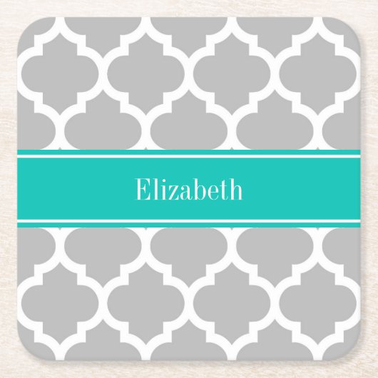 Gray White Moroccan #5 Blauwgroen Name Monogram Kartonnen Onderzetters (Voorkant)