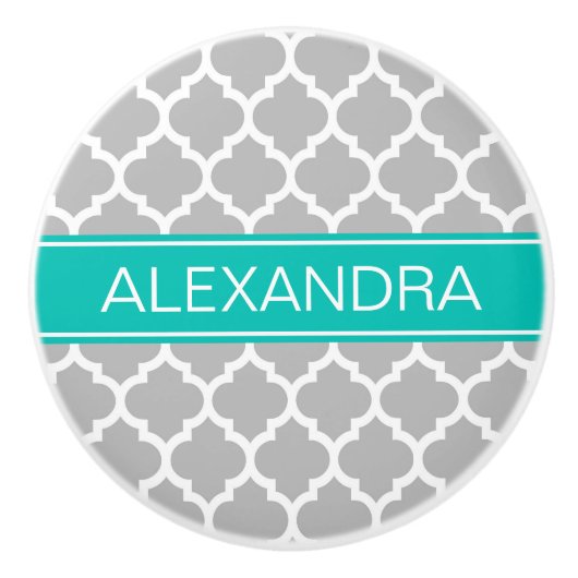 Gray White Moroccan #5 Blauwgroen Name Monogram Keramische Knop (Voorkant)