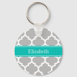 Gray White Moroccan #5 Blauwgroen Name Monogram Sleutelhanger