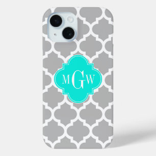 Gray White Moroccan #5 Brt Aqua 3 Initiaal monogra iPhone 15 Case