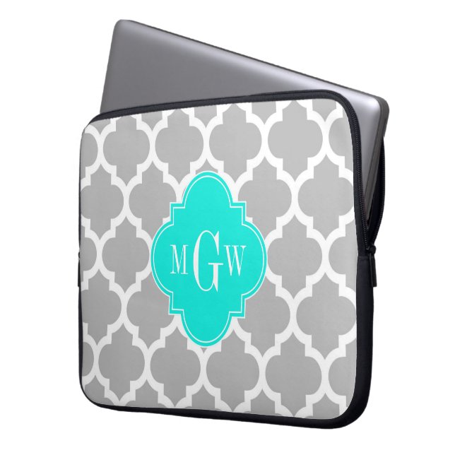 Gray White Moroccan #5 Brt Aqua 3 Initiaal monogra Laptop Sleeve (Voorkant Links)