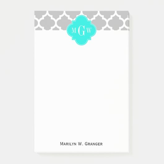Gray White Moroccan #5 Brt Aqua 3 Initiaal monogra Post-it® Notes (Voorkant)