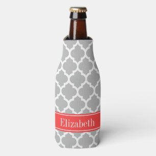 Gray White Moroccan #5 Coral Red Name Monogram Flesjeskoeler
