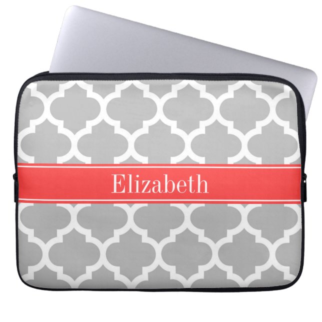 Gray White Moroccan #5 Coral Red Name Monogram Laptop Sleeve (Voorkant)