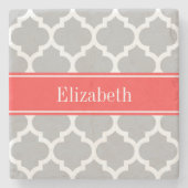 Gray White Moroccan #5 Coral Red Name Monogram Stenen Onderzetter (Voorkant)