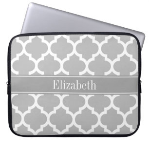 Gray White Moroccan #5 Dark Grey Name Monogram Laptop Sleeve