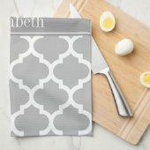 Gray White Moroccan #5 Dark Grey Name Monogram Theedoek (Quarter Fold)