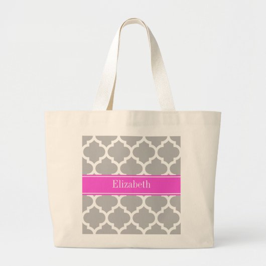 Gray White Moroccan #5 Hot Pink Name Monogram Grote Tote Bag (Voorkant)