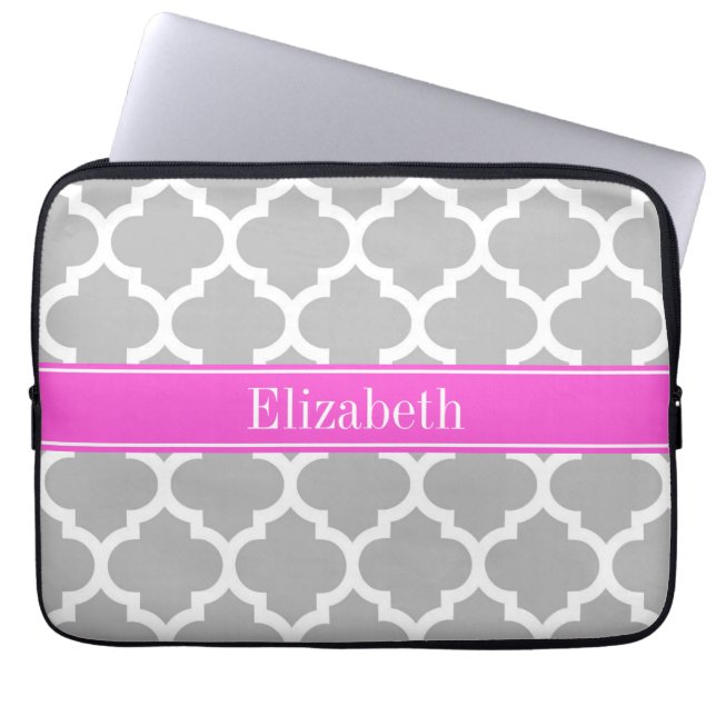 Gray White Moroccan #5 Hot Pink Name Monogram Laptop Sleeve (Voorkant)
