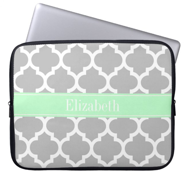 Gray White Moroccan #5 Mint Name Monogram Laptop Sleeve (Voorkant)