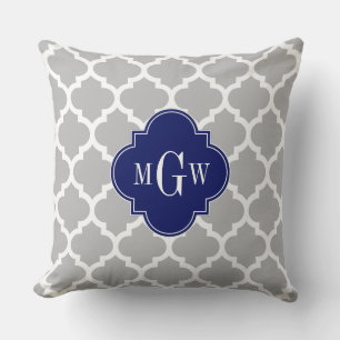Gray White Moroccan #5 Navy 3 Initiaal Monogram Kussen